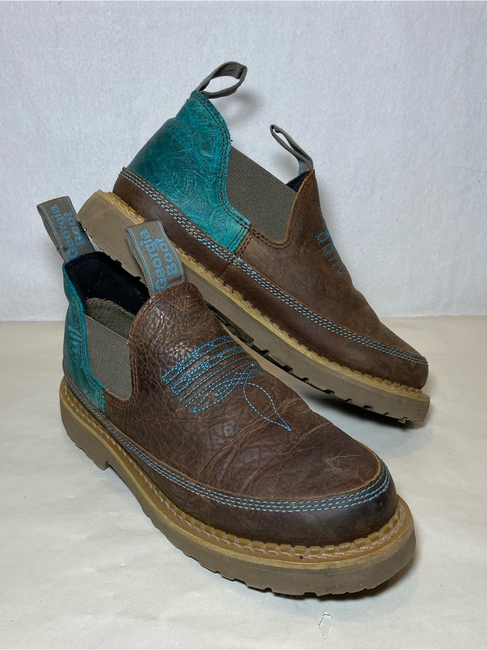 Georgia Boot Giant Romeo Ankle Booties Leather Brown Teal Embroidered Womens 8 M